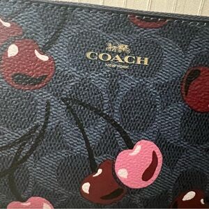 Coach Denim Leather Cherry Print Wristlet NWT